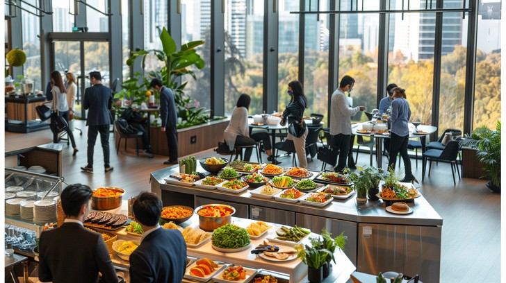 A modern office lunch buffet with colleagues serving themselves